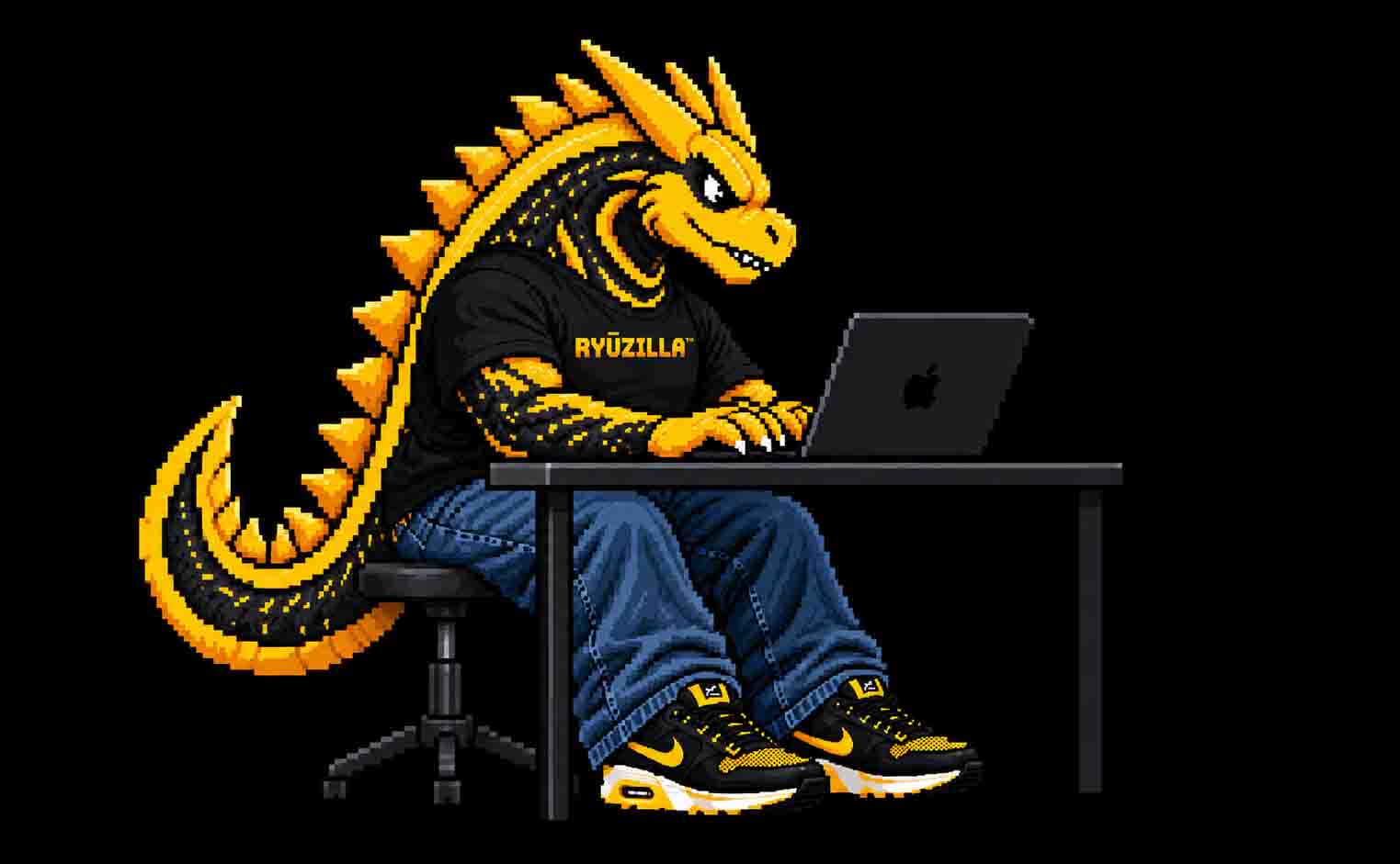 RYŪZILLA working at a laptop